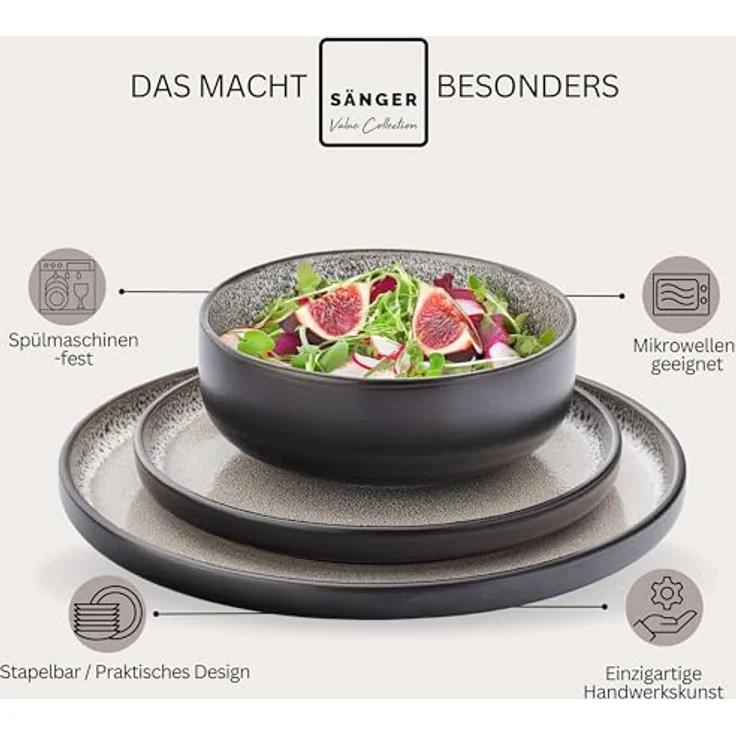 Sänger Luxor Tafelservice, 24-teilig, braun-beiges Steingut, kratzfest, rund, für Essen & Trinken – Bild 4
