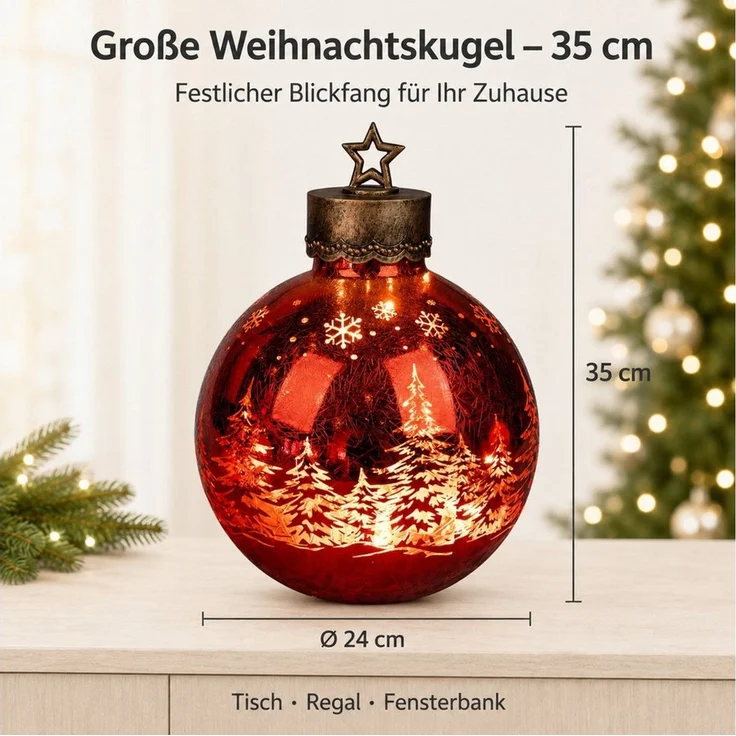 formano Dekolicht XXL Glas-Kugel Frosty Rot 35 cm Timer 6h/18h Weihnachten Herbst Deko, LED fest integriert – Bild 4