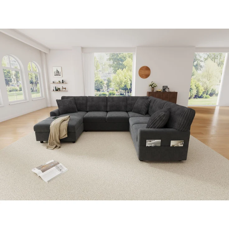ZUBALIYA Modulare Wohnlandschaft, mit USB-C-Anschluss, H 83 × T 196 × B 249 cm, Grau, Chenille / Cord – Bild 8