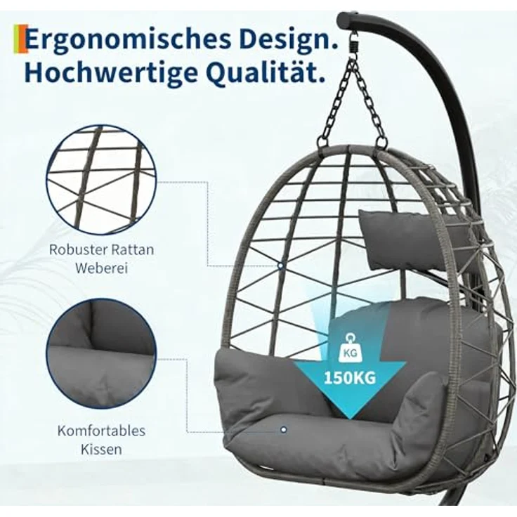 Hängesessel mit Gestell Outdoor bis 150 kg belastbar, Rattan Hängesessel mit Metallgestell, ideal als Hängesitz Indoor mit Gestell für Garten, Terrasse & Balkon Grau – Bild 4
