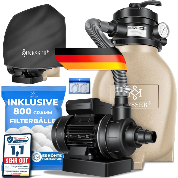KESSER® Sandfilter Sandfilteranlage + 800g Filterbälle ersetzen 25kg Filtersand- Poolfilter 10 m³/h Filteranlage Filterkessel für Pool Schwimmbecken 4-Wege Ventil , einfache Steuerung Sand – Bild 1