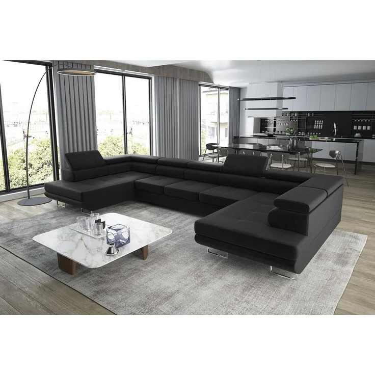 thematys Ecksofa Aston U 403 x 203 cm, mit Schlaffunktion, mit Bettkasten, mit verstellbaren Kopfstützen, Schwarz (Monolith 97), Ausrichtung 390 cm – Bild 3