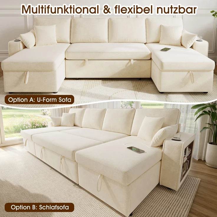 Merax U‑förmiges Ecksofa mit Schlaffunktion, ausziehbares Schlafsofa, integrierter Stauraum, doppelte Chaiselongue mit verstecktem Stauraum, Becherhalter, USB‑Ladeanschluss und Armlehnen‑Ablage, Beige – Bild 6