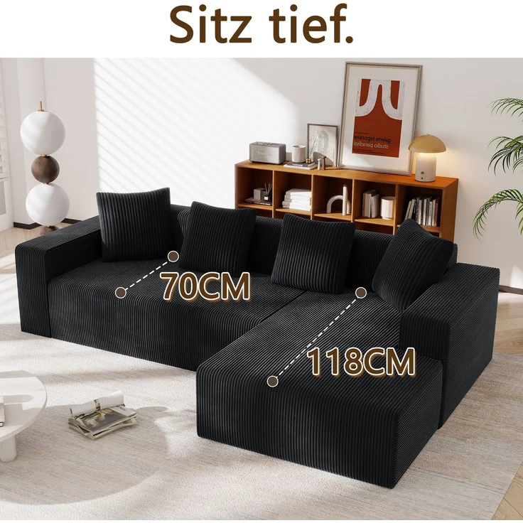 3-Sitzer Wohnlandschaft B 261 x T 146 x H 65 cm aus Kordstoff, modular mit Longchair – Bild 8