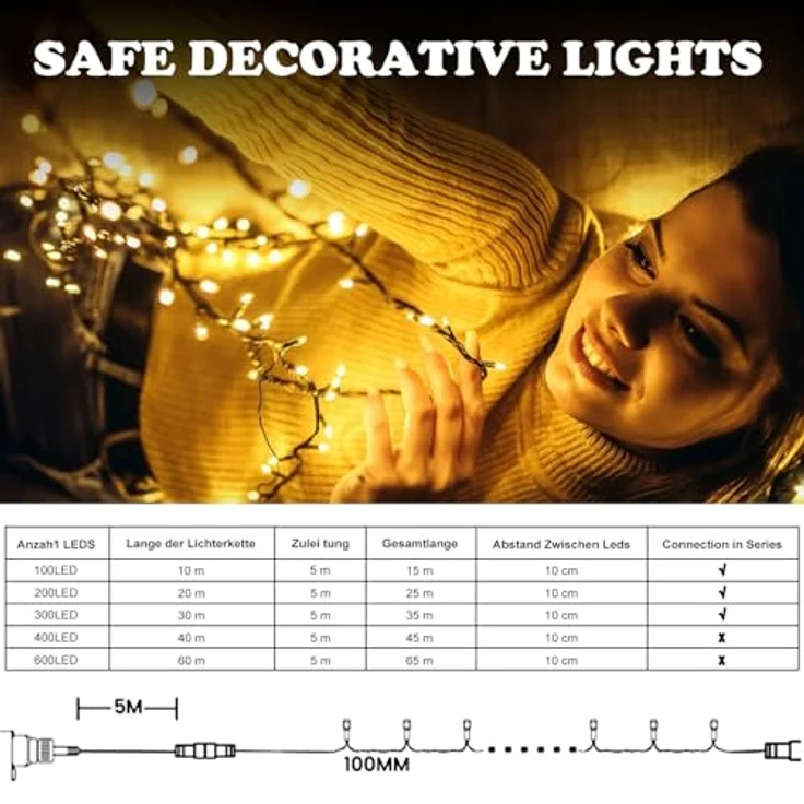 Jsdoin 100/200/300/400/600er Led Lichterkette Außen, Wasserdicht 8 Modi Warmweiß Lichterkette Innen Strom mit Timer Speicherfunktion für Weihnachten Party, Weihnachtsbaum,Garten, Hochzeit – Bild 3