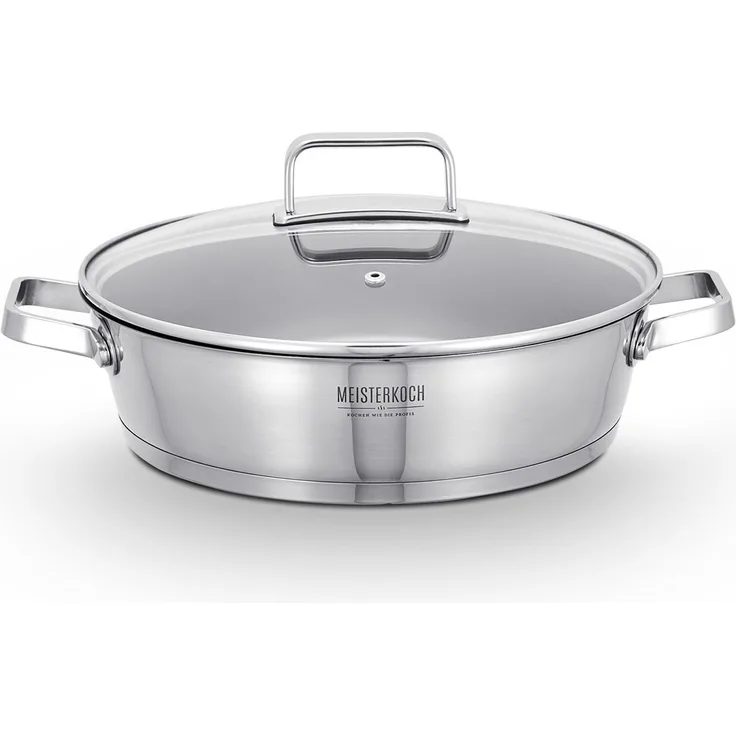 MEISTERKOCH Bratpfanne Servierpfanne 28 cm Ø aus 18/10 Edelstahl satiniert | Kochgeschirr Pfanne induktionsgeeignet mit ILAG Antihaftbeschichtung | Backofenfest bis 240°C