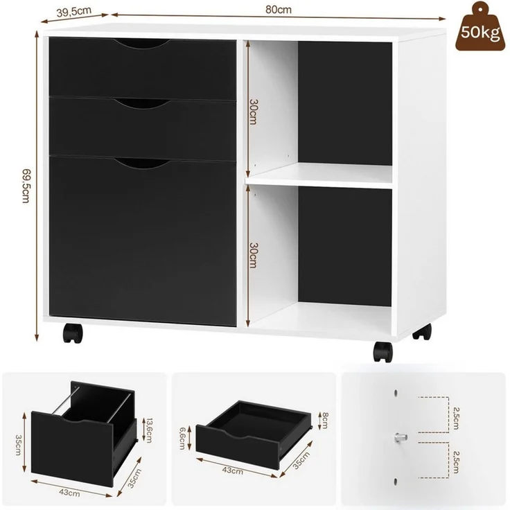 Woltu Rollcontainer, Aktenschrank mit 3 Schubladen, 5 Rollen, Büroschrank – Bild 2