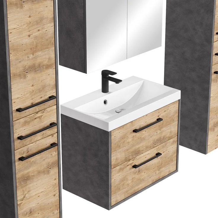 Badplaats Badmöbel Komplettset Florence XL 60 x 35 cm Kastanien Eiche mit Dunkel Grau - Badezimmermöbel mit Waschbecken, Spiegelschrank und 2 Hochschränke – Bild 5