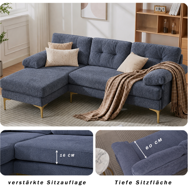 EINHOM 187, 5 cm L-förmiges Sofa, dreisitzig mit 3 Sitzkissen, austauschbare Liegeseite links/rechts, gepolsterte Armlehnen, Chenille-Stoff, Metallfüße, blau – Bild 3