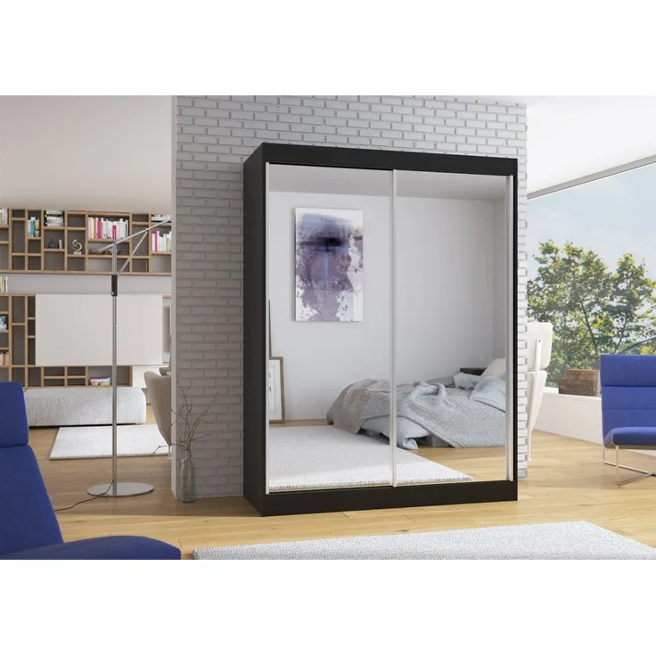 Schiebetürenschrank Schrank DOLM in Schwarz matt- Spiegel 150x200x58 cm