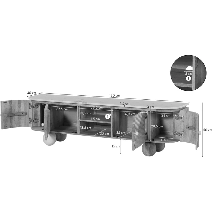 TV-Board Mango 180 x 40 x 50 dunkelbraun lackiert / Marmor schwarz FLORENZ #200 – Bild 7