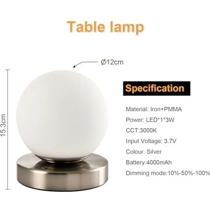 LQWELL Nachttischlampe Nachttischleuchte, Tischlampe Tischleuchte, 3 Dimmstufen USB Wiederaufladbar, LED fest integriert, Warmweiß, Touch Beistelltischlampe Leselampe Kugel Glas – Bild 2