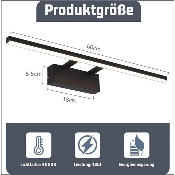 Nettlife LED Spiegelleuchte Schwarz Modern Badezimmer Spiegelbeleuchtung 60 cm 4000K Neutralweiß, LED fest integriert, Neutralweiß, lampe Flur Wandleuchte für Büro Küche Spiegelschrank – Bild 4