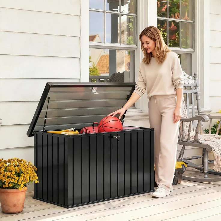 400L Outdoor-Koffer aus verzinktem Stahl mit Schloss und 2 Schlüsseln 124x66x72 cm, 124.0×66.0×72.0cm, Schwarz, MELAYR – Bild 3