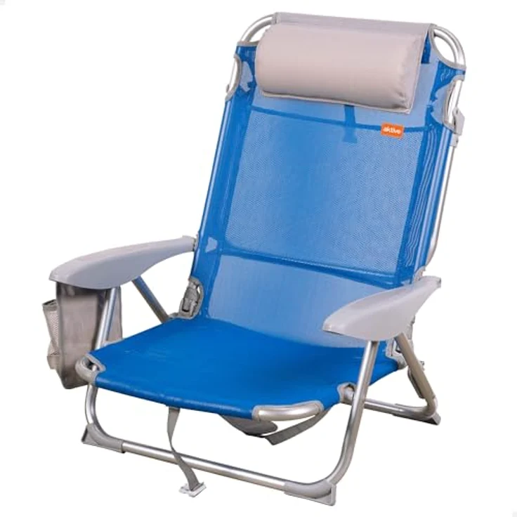 Aktive 62609 Strandklappstuhl mit Kissen, Liegestuhl, 4 Positionen, 62 x 62 x 76 cm, Sitzhöhe 20 cm, Tragegriff, Seitentasche, Blau, Aktive Beach – Bild 2