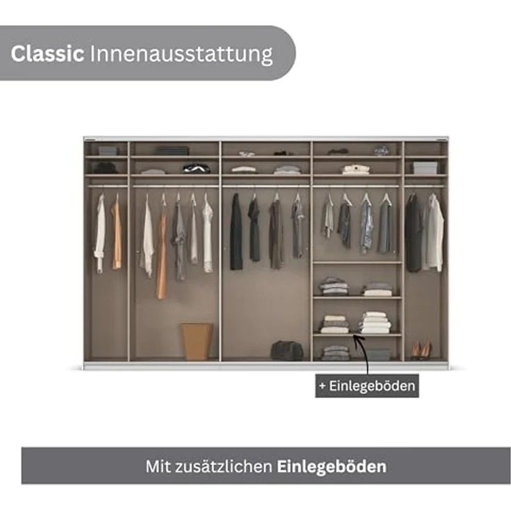 Rauch Möbel Kulmbach, Kleiderschrank mit Schwebetüren für Schlafzimmer, Kinderzimmer, Jugendzimmer, Garderobe, Flur, 3-türig, mit Spiegel, Zubehör Classic, Farbe Grau metallic, Schwarz, Breite 360 cm – Bild 7