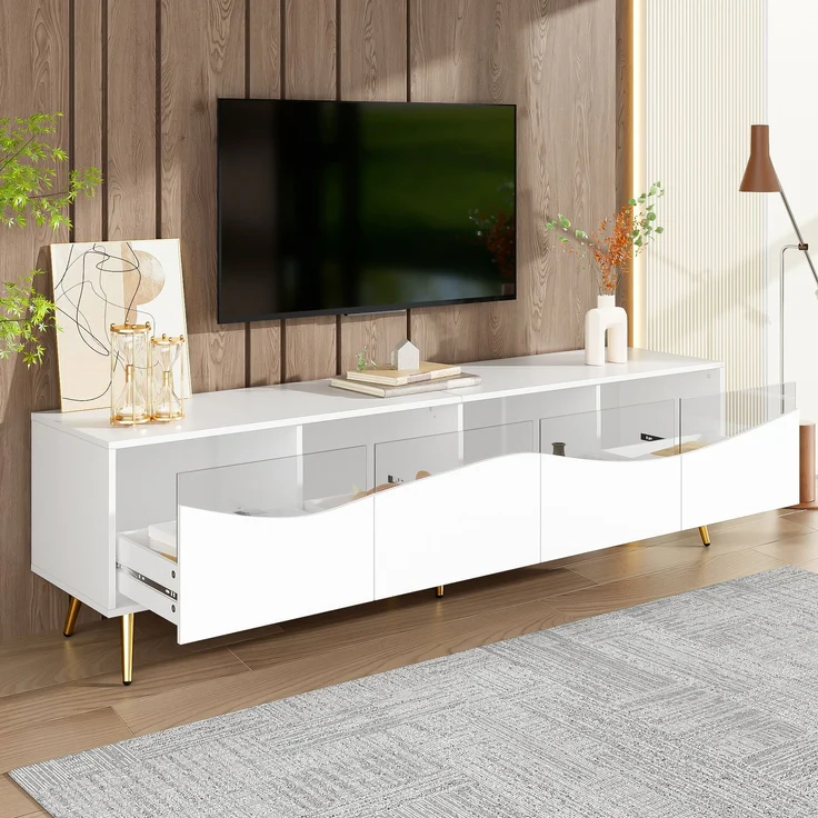 TV-Schrank mit LED, Lowboard 180 cm, Fernsehtisch weiß, Glasfront, Stauraum, Kabeldurchführung, Wohnzimmer – Bild 2