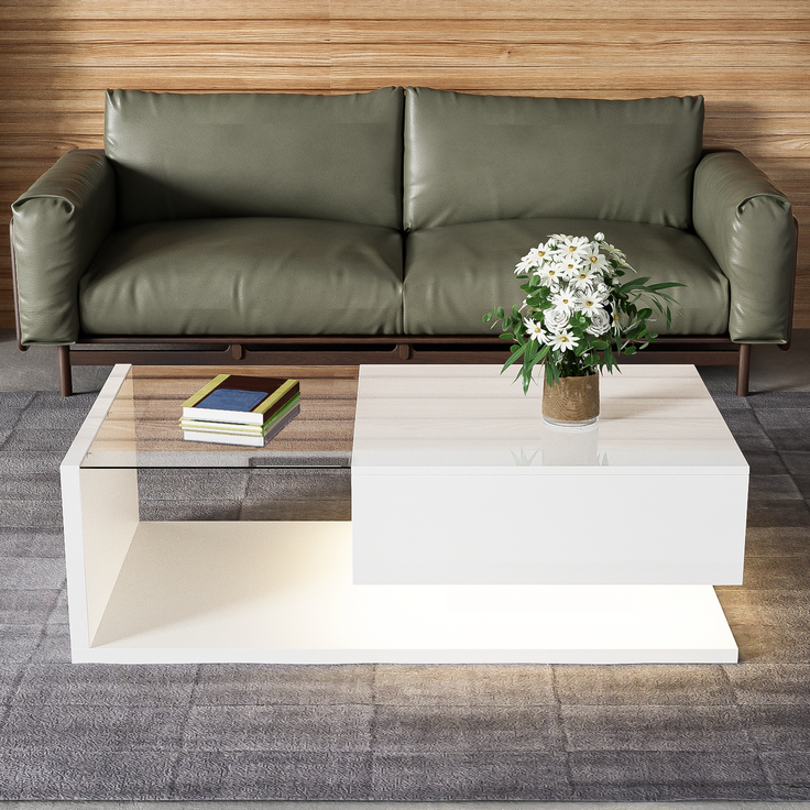 Couchtisch, Spanplatte mit Glasplatte & LED-Beleuchtung, 105x55x32,5 cm, Weiß Hochglanz