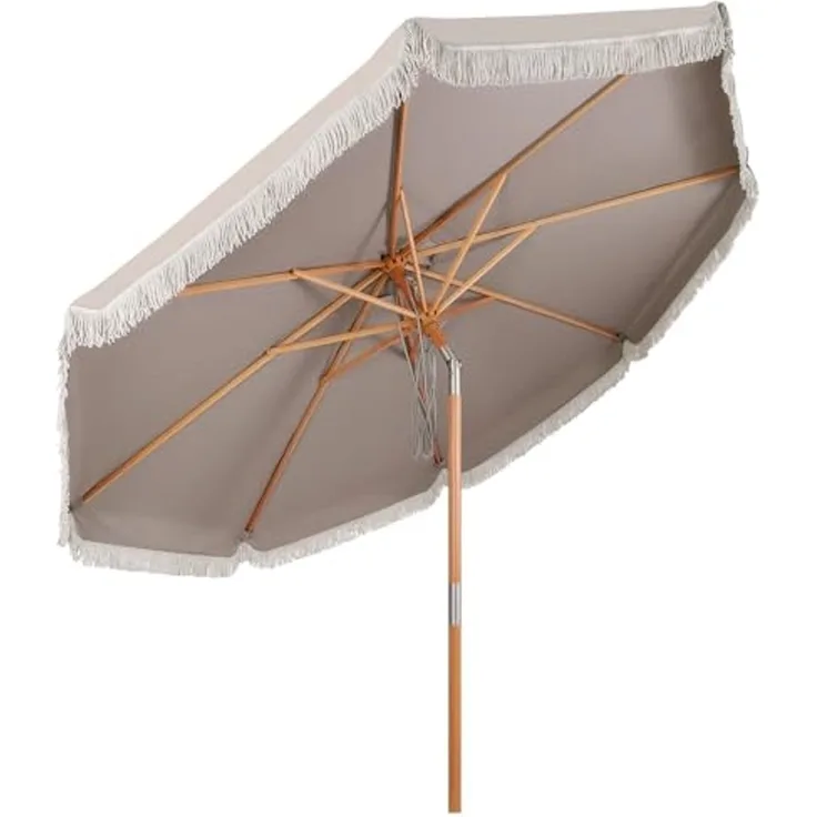 Sekey Sonnenschirm Ø 300 cm Holz Sonnenschirm mit Fransen, Gartenschirm mit Troddeln, LxB: 300,00x300,00 cm, Sonnenschutz UV50+, Vintage, im romantischen Stil