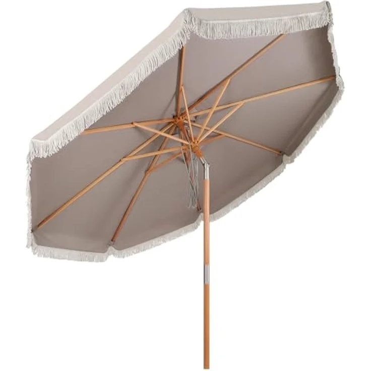 Sekey Sonnenschirm Ø 300 cm Holz Sonnenschirm mit Fransen, Gartenschirm mit Troddeln, LxB: 300,00x300,00 cm, Sonnenschutz UV50+, Vintage, im romantischen Stil – Bild 1