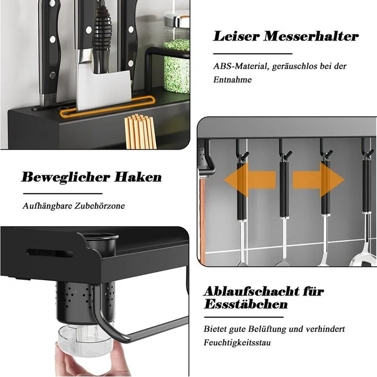 TUWENA Gewürzregal Gewürzregal Wand, GewürzregaleKüchenregal wand ohne Bohren, Gewürzregal Hängend mit Messerschlitz, 12 Haken, 2 Becher – Bild 2