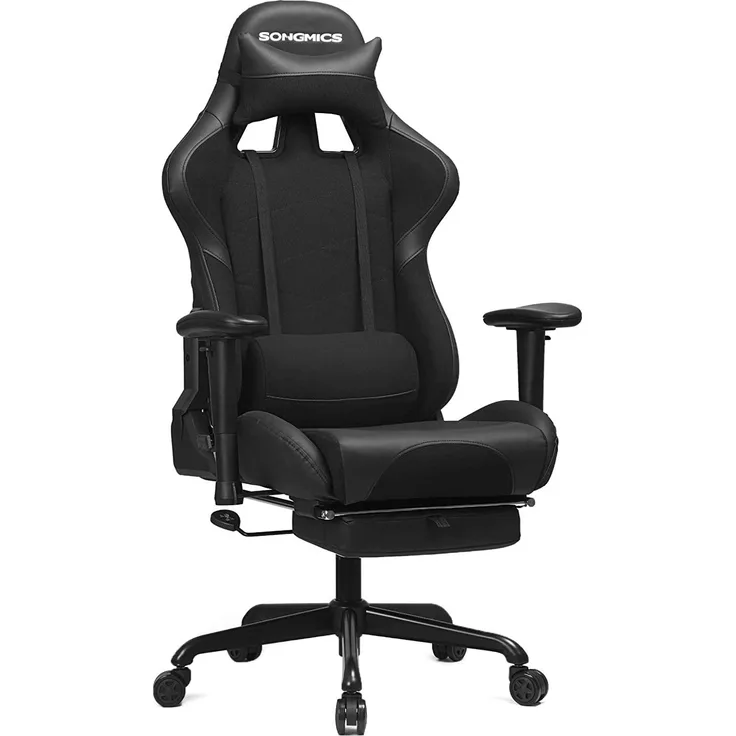 Songmics Gamingstuhl mit Fußstütze, 150 kg, Bürostuhl, Schreibtischstuhl, Lendenkissen, Kopfkissen, hohe Rückenlehne, ergonomisch, Stahl, Kunstleder, atmungsaktives Meshgewebe, schwarz RCG52BK