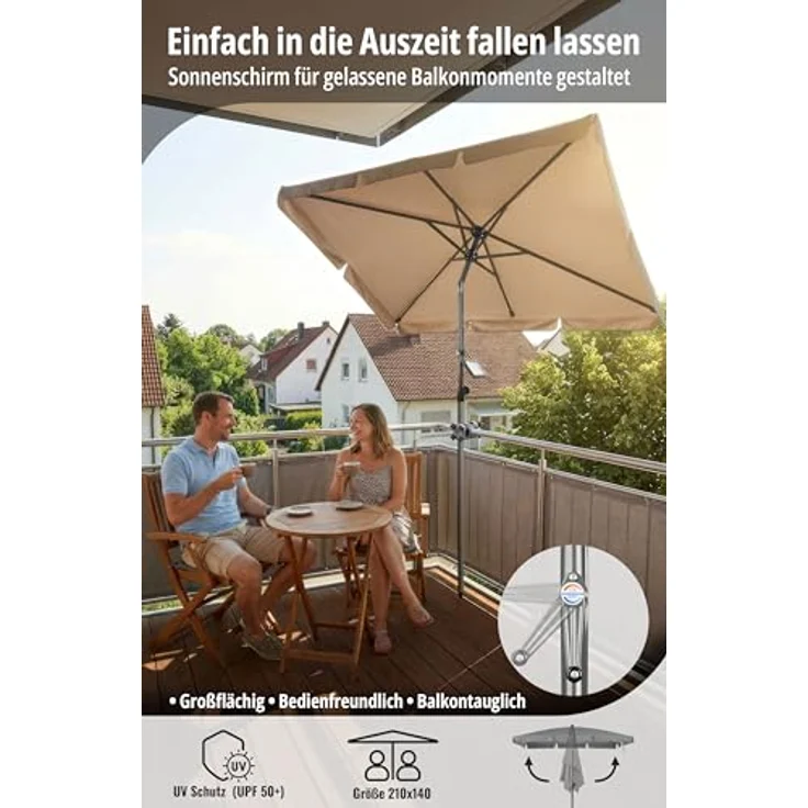 4smile SunnyShade Sonnenschirm Balkon Roma mit Schutzhülle, Taupe, Sonnenschirm rechteckig 210x140 cm, Sonnenschutz Balkon mit UV 50+, Balkonschirm mit Kurbel, knickbar und höhenverstellbar – Bild 2