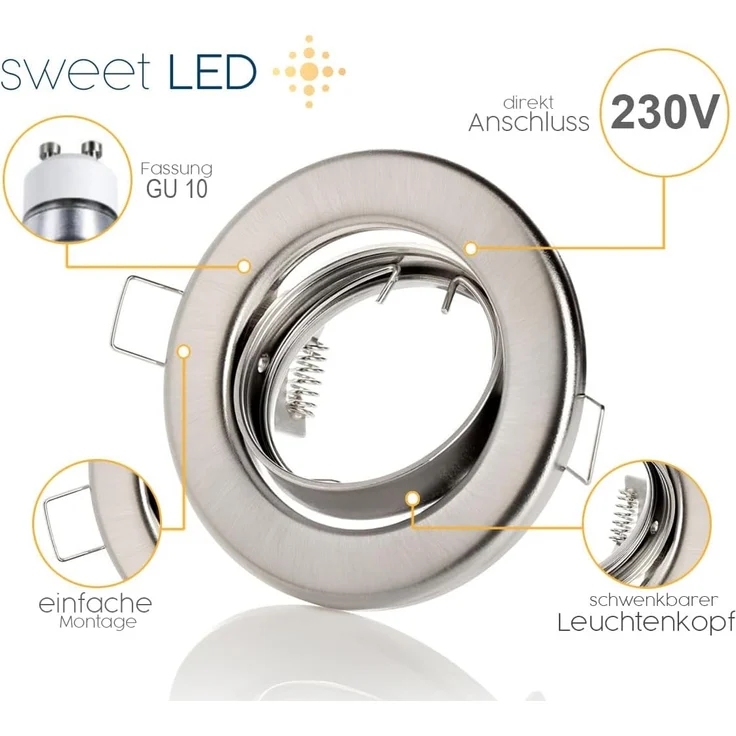 Sweet LED Deckenspot 10er Set GU10 Einbaustrahler rund & schwenkbar 230V chrom-gebürstet, ohne Leuchtmittel, Einbauspots, Deckenlampe – Bild 3