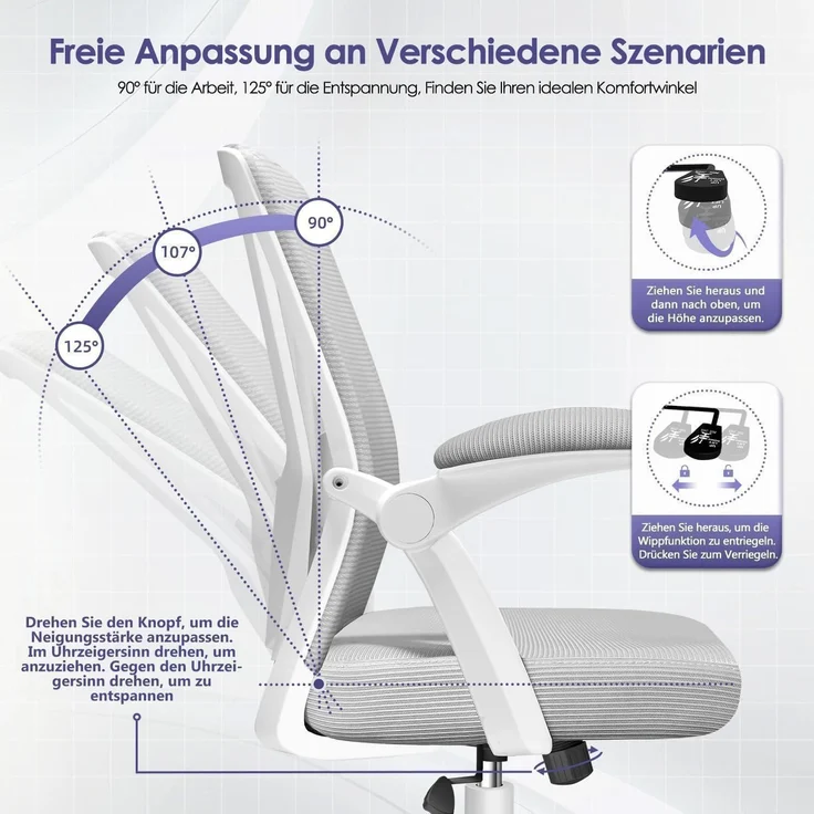 Bürostuhl Lendenstütze Armlehnen Wippfunktion 150kg Grau Model 2 – Bild 6