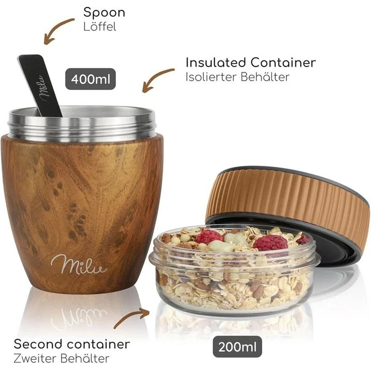 Milu Müslibox Müslibecher To Go Edelstahl 400 ml, isoliert, auslaufsicher, Müslimax Set – Bild 4