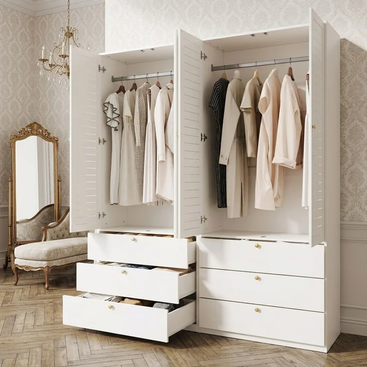 CHICFURN Kleiderschrank 180x200x50 cm mit 4 Lamellentüren, 6 Schubladen und 2 Kleiderstangen Weiß – Bild 5