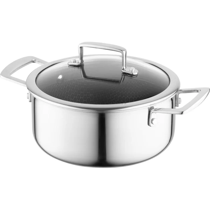 FLORINA ARISTO Edelstahltopf mit Glasdeckel 4,5l 24 cm Durchmesser | Für Induktions-, Gas-, Elektro-, Ceranherd | Mit Wabeneffekt | Sie können es im Ofen backen | Hitzebeständiger Deckel
