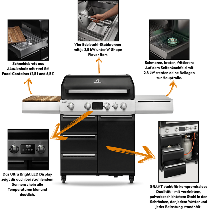 BURNHARD® Gasgrill 4-Brenner BBQ mit Infrarot-Heckbrenner & Seitenkochfeld - Schwarz - #946918 – Bild 3