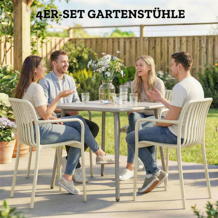 MELAYR, Gartenstühle 4er Set Stapelbare Terrassenstühle mit Lamelldesign Armlehnen, 58.5 x 55 x 81.5 cm, Cremeweiß – Bild 6