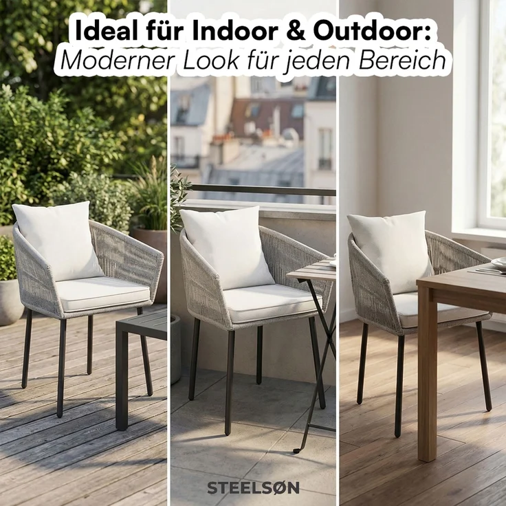 STEELSØN 'Nair' Polyrattan Gartenstuhl, 4er-Set, hellgrau, wetterfest & UV-beständig, Balkonstühle bis 160 kg belastbar, Gartensessel inkl. Kissen – Bild 8