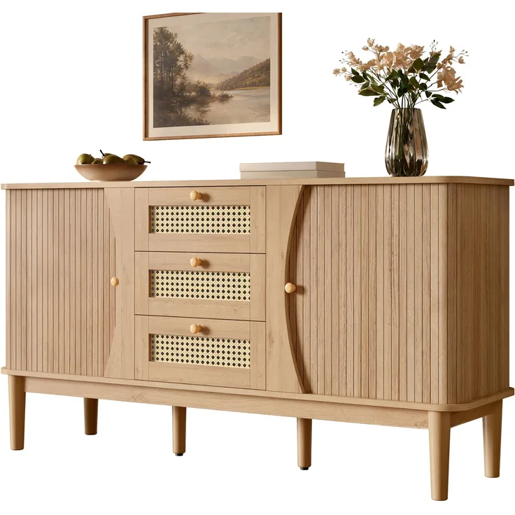 ZUBALIYA Kommode 141x40x77 cm, mit verstellbaren Einlegeböden, aus MDF, Natur