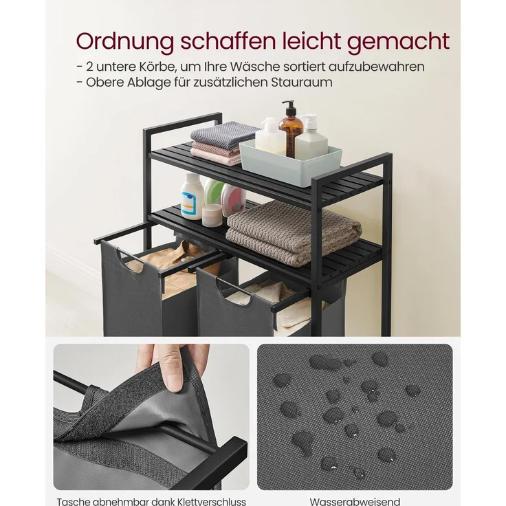 Vasagle Wäschekorb mit 2 Fächern und Ablagen, schwarz-grau, pro Tasche 46 Liter – Bild 2