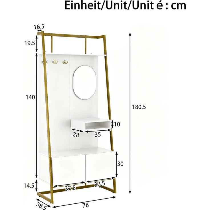 Faumrta Moderne minimalistische Kompaktgarderobe, offener multifunktionaler Aufbewahrungsschrank mit Spiegel, Metallhaken,Garderobenständer mit Schuhbank, Garderobe, Schuhaufbewahrung,Kleiderständer,78CM*38.5CM*180.5CMWeißMDF (Medium-Density-Faserplatte) – Bild 4