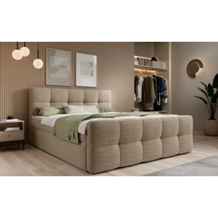 thematys Boxbett mit Bettkasten 160x200cm, mit Bonnellfederkernmatratze H3, Bouclé/Velours, mit Stauraum, mit 3 cm Topper, Beige (Arena 02), Art.-Nr. S04GH0RGUCK – Bild 7