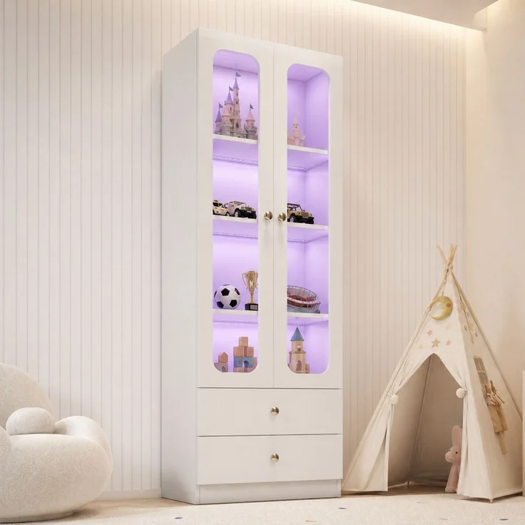 ZUBALIYA Glasvitrine, Küchenschrank, Aktenschrank, Sammelfiguren-Vitrine, 4 Ebenen Spielzeugschrank mit 2 Schubladen, LED-Leiste mit RGB-Farbwechsel per App steuerbar, goldene Metallgriffe, weiß, 60x35x170 cm – Bild 22