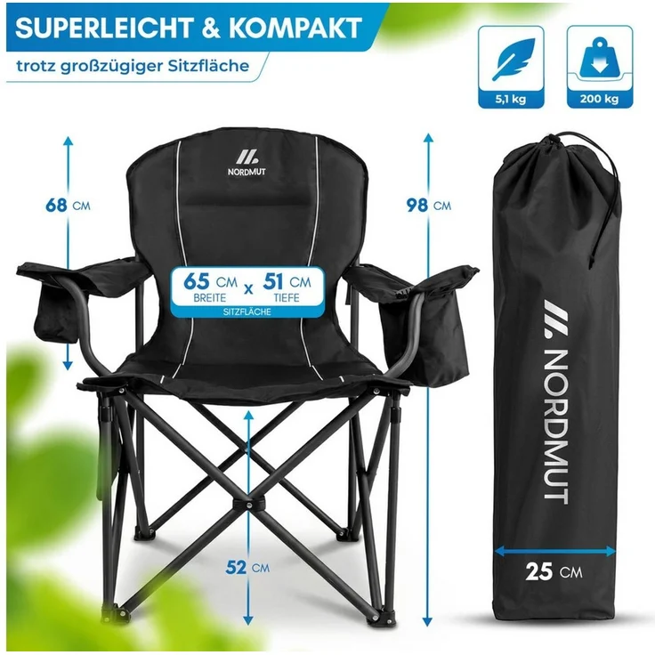 Nordmut Campingstuhl Klappstuhl faltbar, Outdoor Strand Angeln Garten, 200 kg, Armlehne (Spar-Set, 1 St), Kühltasche, Getränkehalter, breite Sitzfläche, gepolstert, wetterfest – Bild 2