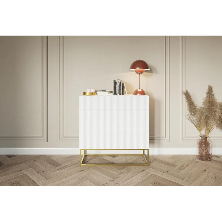 Selsey Kommode Schrank Aufbewahrungsschrank 90 cm Mit 3 Schubladen Weiß Goldene Beine Veldio – Bild 4