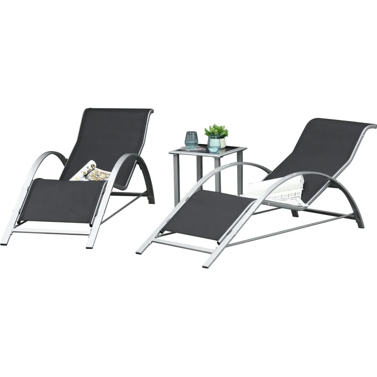 JARDJ Gartenliege Set Metall Mesh 3-TLG Sonnenliege mit Teetisch Gartengarnitur mit 2 Sonnenliegen, 1 Beistelltisch Gartensitzgruppe für Garten, Balkon 59B x 169T x 66H cm Schwarz+Silber – Bild 2