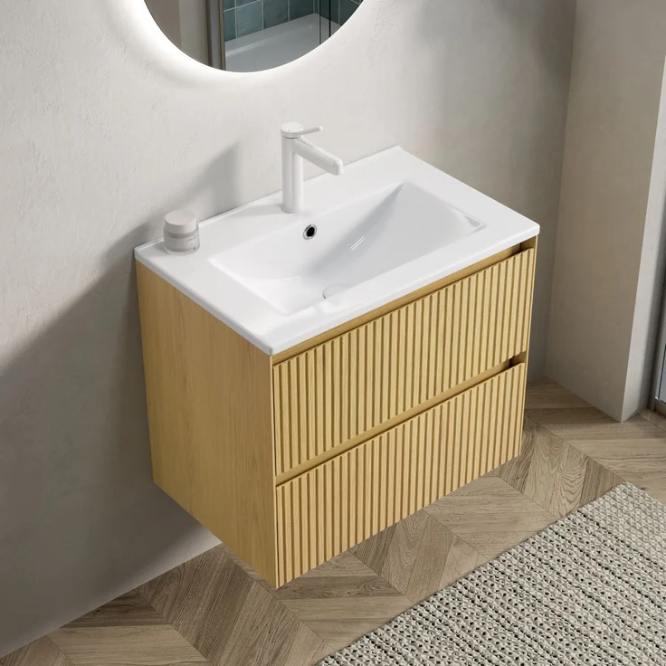 Waschtisch mit Keramikwaschbecken, 2 Soft-Close-Schubladen, 61x39x51,5, Golden Eiche/Weiß – Bild 1