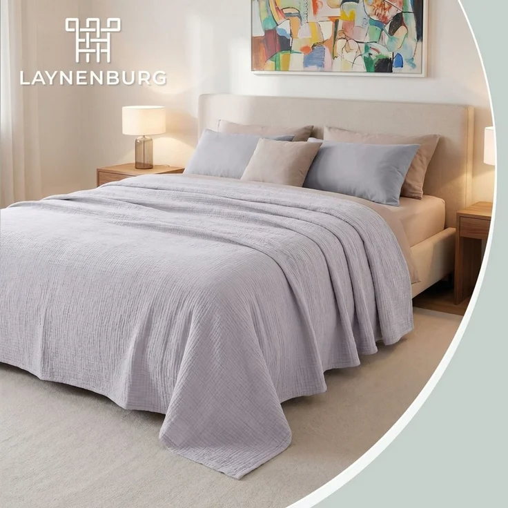 LAYNENBURG Premium Musselin Tagesdecke 150x200-100% Baumwolle - extraweiche Baumwolldecke als Kuscheldecke, Bett-Überwurf, Sofa-Überwurf, Couch-Überwurf - warme Sofa-Decke (hellgrau) – Bild 2