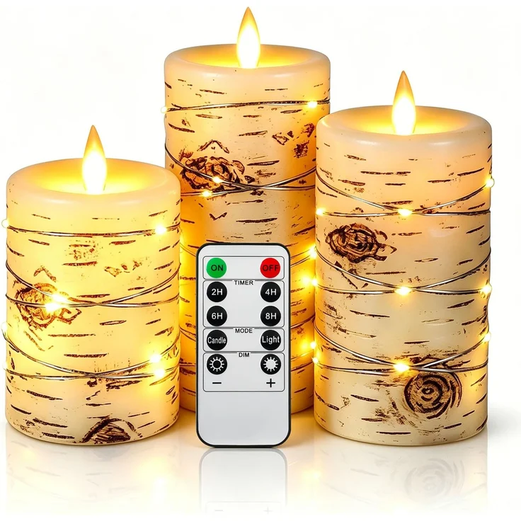 Da by LED-Kerze, Birkeneffekt, eingebettete Lichterkette, 8 cm x (12.5 cm, 15 cm, 16.5 cm), Elfenbein, echtes Wachs, Stumpenkerze mit tanzender LED-Flamme, Fernbedienung mit 11 Tasten