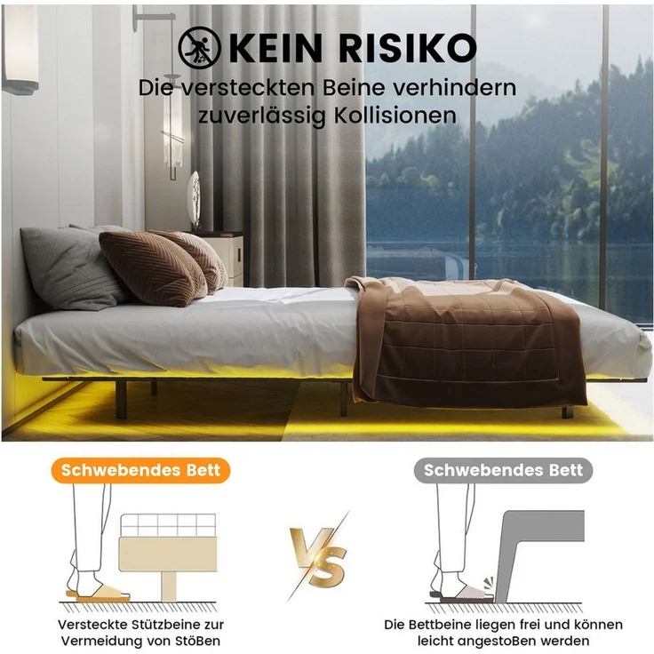 COMHOMA Bettgestell Bettrahmen Metallbett Gästebett aus Metall mit LED & Steckdosen (stabile Konstruktion), 90/120/135/140/150/160/180x200, App & Fernbedienung – Bild 2