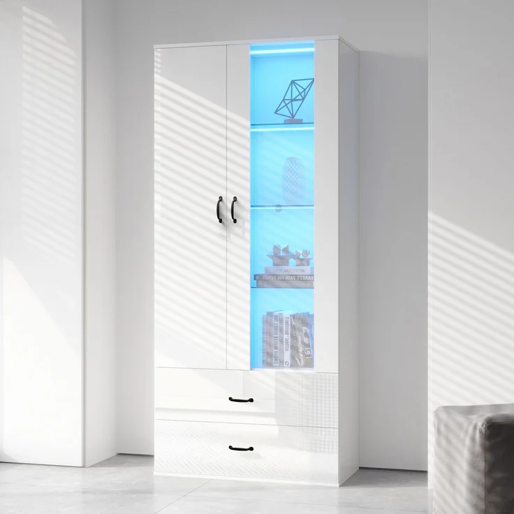 (319020021WAA))LED-beleuchtete Vitrine, 2 Türen, Standvitrine mit transparenter Tür, freistehende Vitrine Weiße LED-Vitrine Wohnzimmer Wohnzimmerwand LED-Vitrine LED-Schrank Buffetschrank--Weiß--59.5x35x182cm--YOUDENOVA – Bild 1