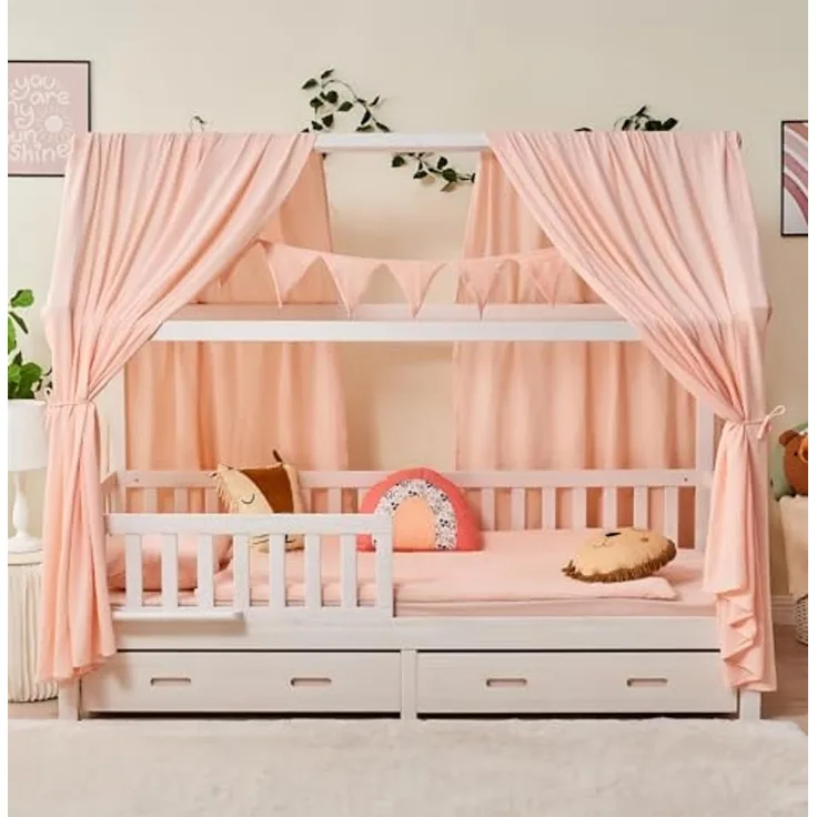 Alavya Home® Hausbett CLOUD aus Buche FSC® 100% zertifiziert KOMPLETT SET mit Musselin DEKO (Kinderbett 90x200 cm mit Schubladen I KOMPLETT Set - inkl. 100% Bio-Musselin Baumwolle Deko und Matratze I GOTS zertifiziert, Massivholzbett mit Rausfallschutz...