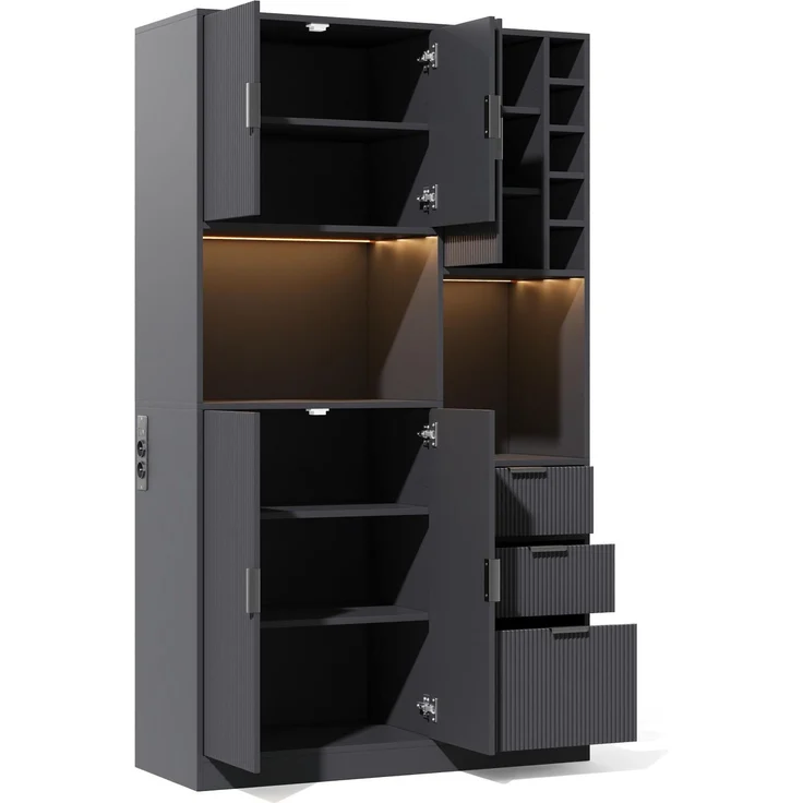 Merax 180cm Küchenschrank, moderner hoher Aufbewahrungs- und Weinschrank mit verstellbaren Einlegeböden, 3 Schubladen, Weinregal, farbwechselnder LED-Beleuchtung und Steckdosen – Bild 9